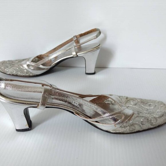 VINTAGE 60s SILVER SHOES Size 8 Narrow Sagamore Handmade Formal Cocktail Party - Picture 7 of 11
